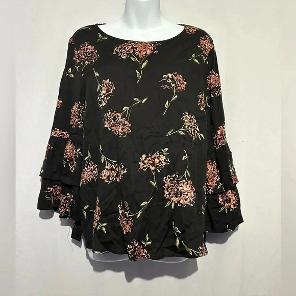Tribal Tops - Tribal Floral Print Ruffle Sleeve Blouse Size Medium